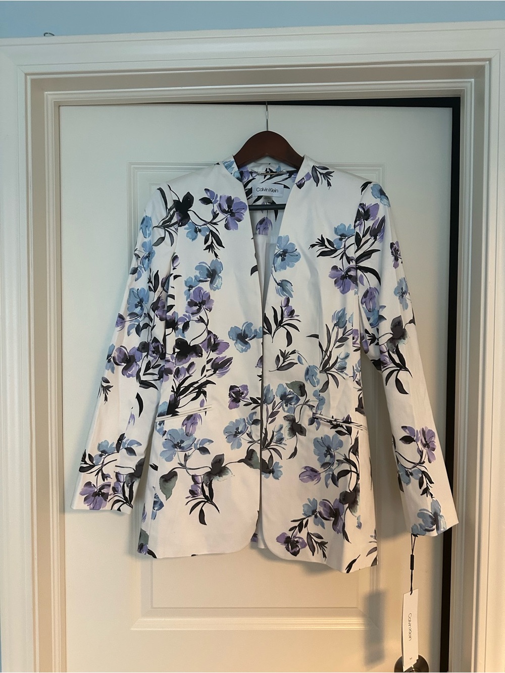 Calvin Klein White Floral Blazer with Blue and Purple Blooms